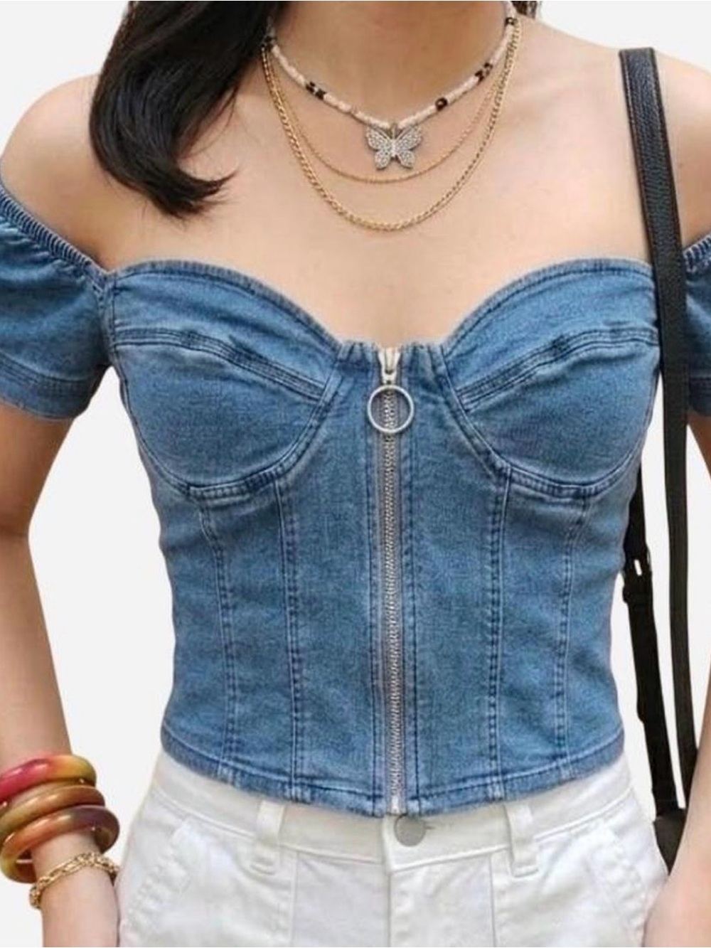 New! Guess blue denim off the shoulder corsette crop top